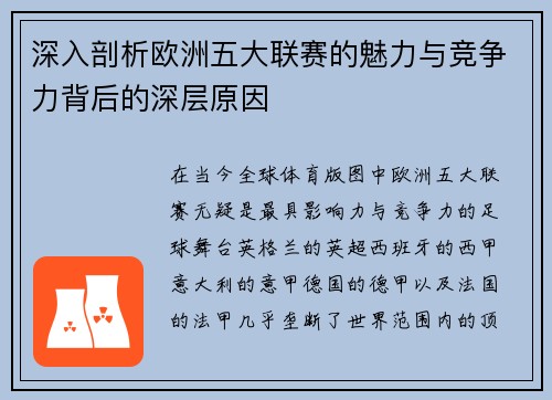深入剖析欧洲五大联赛的魅力与竞争力背后的深层原因