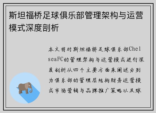 斯坦福桥足球俱乐部管理架构与运营模式深度剖析
