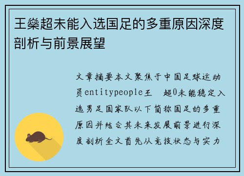 王燊超未能入选国足的多重原因深度剖析与前景展望